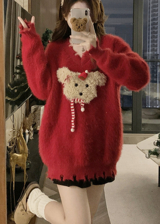 Pull tricoté en poils de vison rouge élégant, col en V, déchiré, hiver RG035