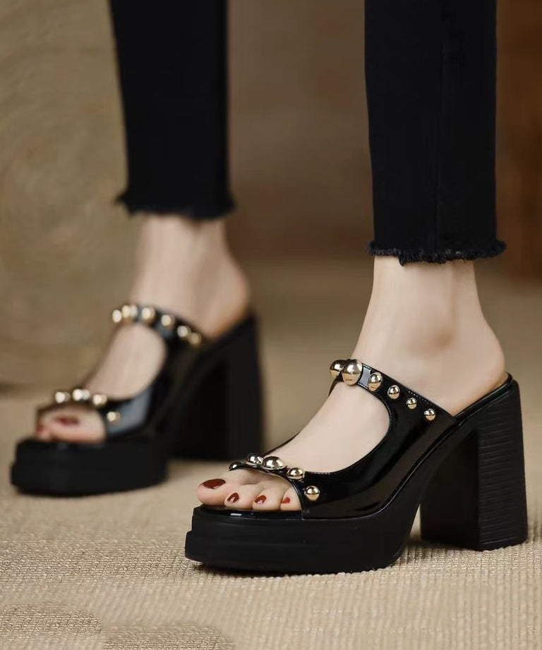 Rivet Leather Stylish Heel Cowhide Black Chunky Slide Splicing