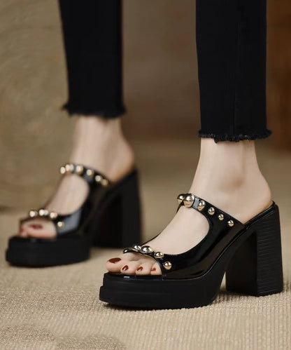 Rivet Leather Stylish Heel Cowhide Black Chunky Slide Splicing