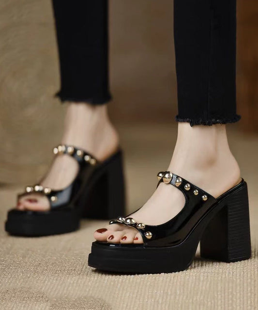 Rivet Leather Stylish Heel Cowhide Black Chunky Slide Splicing