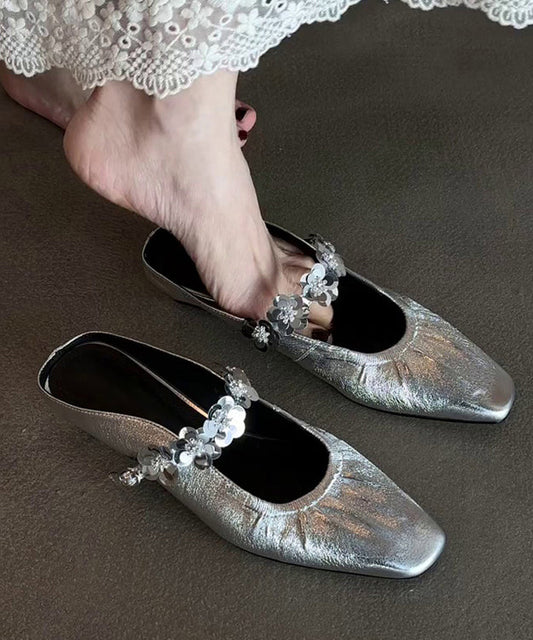 Slide Stylish Silver Leather Sandals Faux Splicing