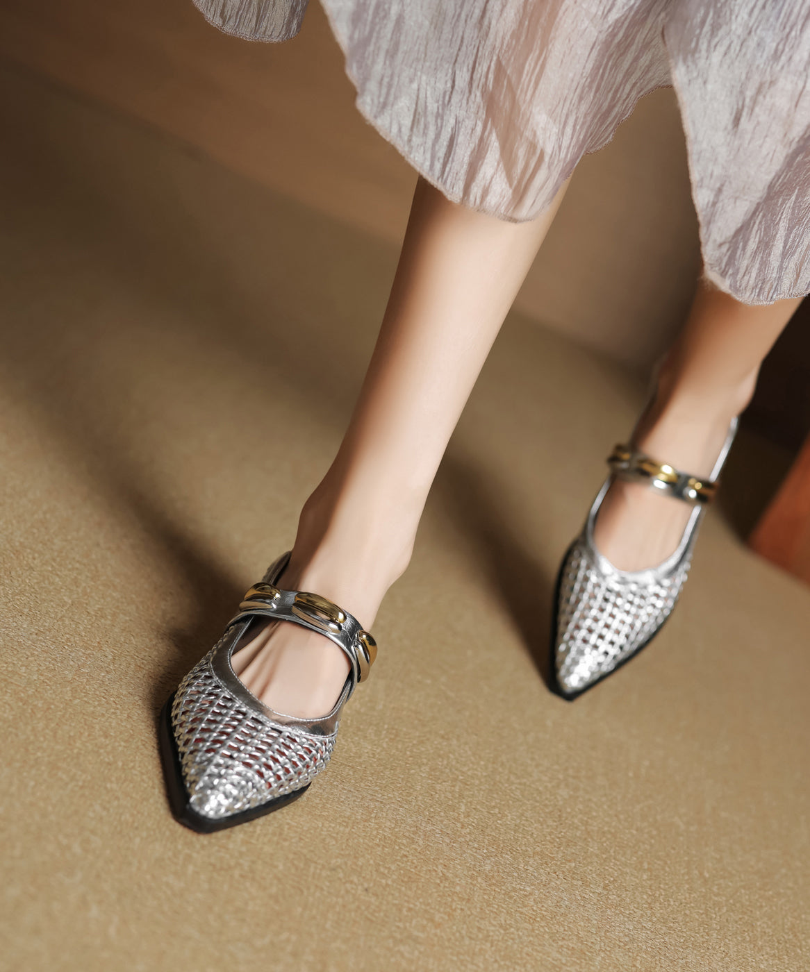 Stylish Cowhide Shoes Silver Hollow Out Splicing Flat Leather