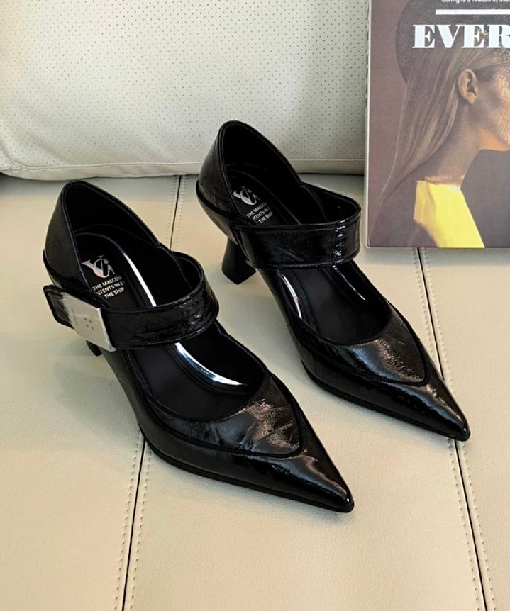 Escarpins à talons hauts en cuir de vachette bleu élégant et gris à bout pointu