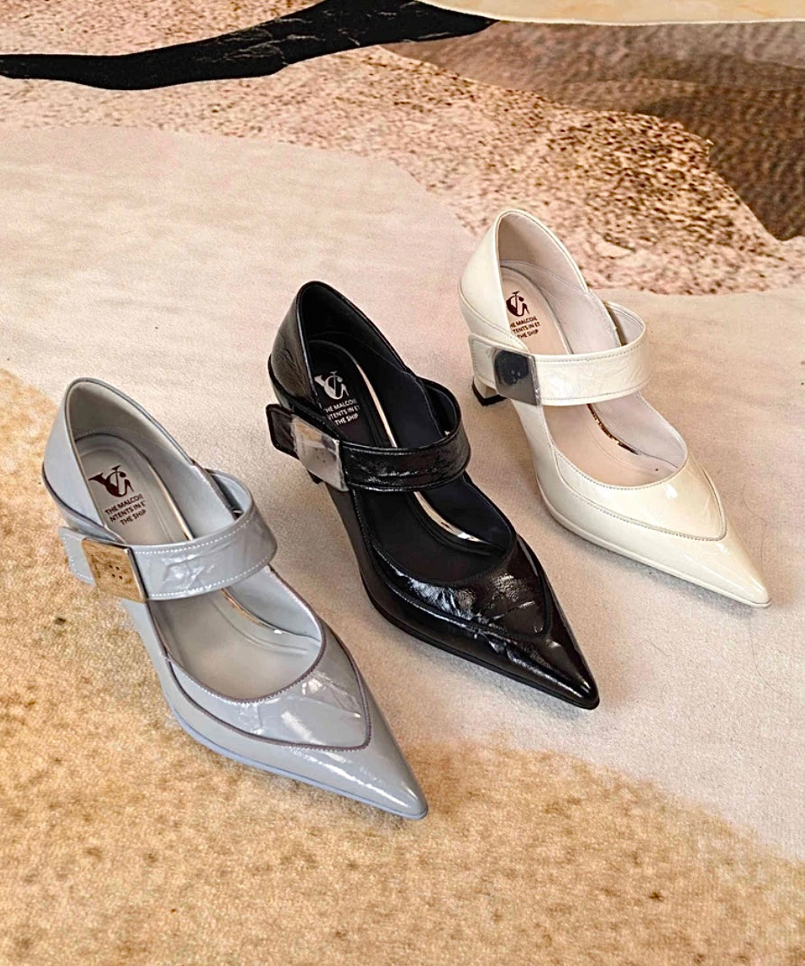 Escarpins à talons hauts en cuir de vachette bleu élégant et gris à bout pointu