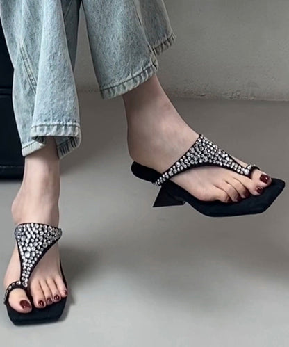 Sandals Black Suede Thong Stylish Zircon Splicing Wedge