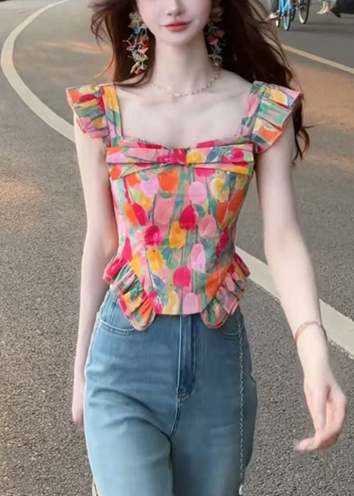 Hauts élégants à col carré pour l'été en coton imprimé