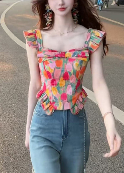 Hauts élégants à col carré pour l'été en coton imprimé