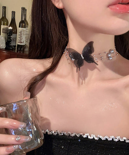 Collier élégant en alliage blanc avec perles de zircon et papillon YU009