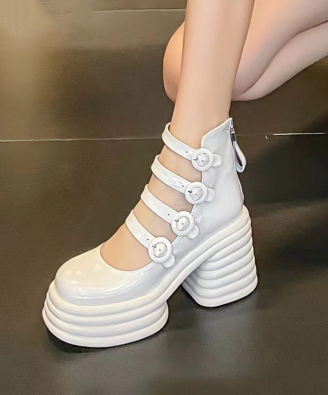 Stylish White Chunky Heel Cowhide Leather Comfortable Sandals RT1012