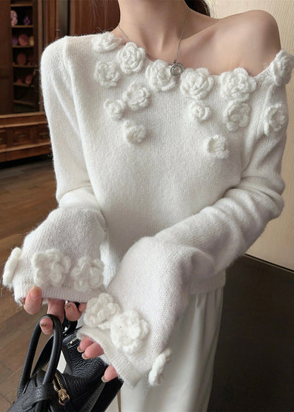 Pull élégant en tricot uni à épaules dénudées et blanc pour l'hiver WK036