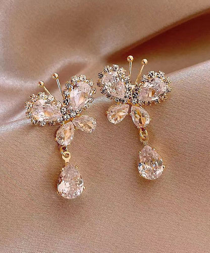 Boucles d'oreilles pendantes élégantes en alliage de cuivre blanc et zircon avec pampilles en forme de papillon WH026