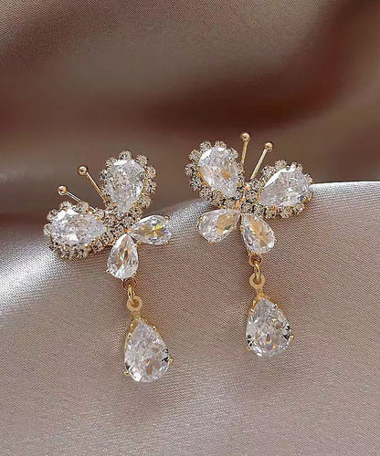 Boucles d'oreilles pendantes élégantes en alliage de cuivre blanc et zircon avec pampilles en forme de papillon WH026