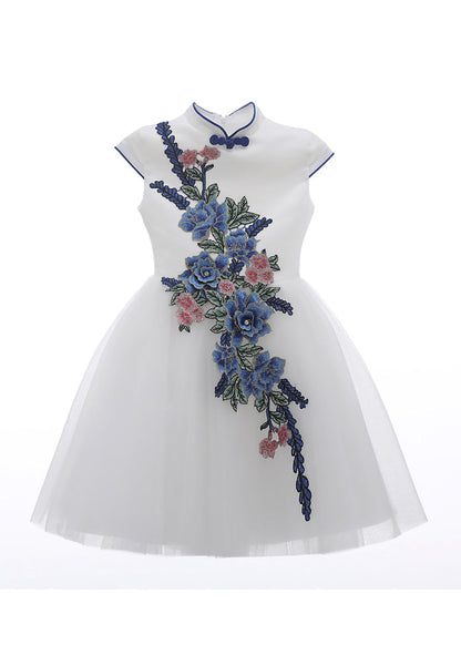 Lange bestickte Mädchen weißes Kleid Sommer Knopf Tüll stilvoll