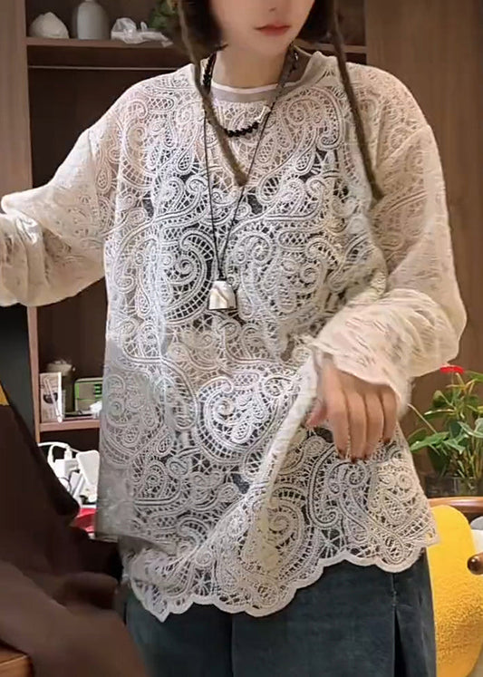 T-shirt col rond printemps creux blanc en dentelle élégant