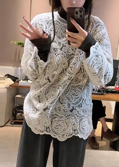 T-shirt col rond printemps creux blanc en dentelle élégant