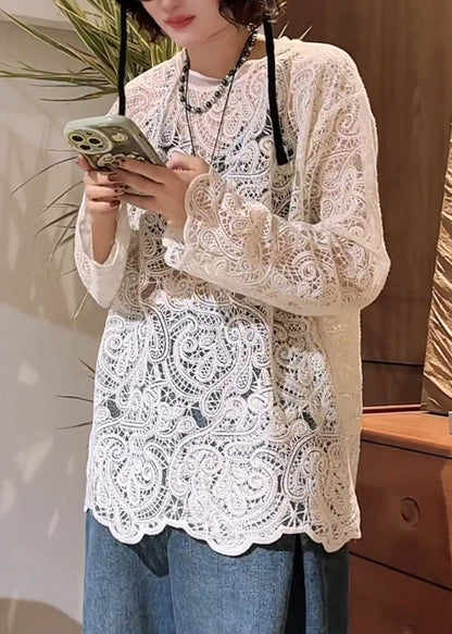 T-shirt col rond printemps creux blanc en dentelle élégant