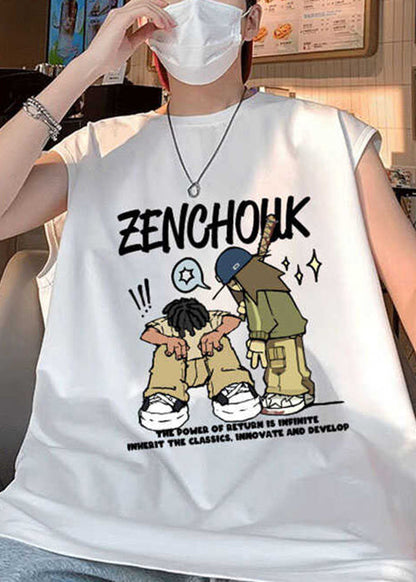 T-shirt d'été élégant en coton blanc imprimé pour homme, col rond