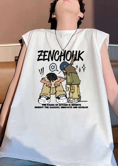 T-shirt d'été élégant en coton blanc imprimé pour homme, col rond