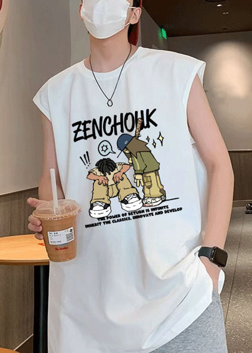 T-shirt d'été élégant en coton blanc imprimé pour homme, col rond