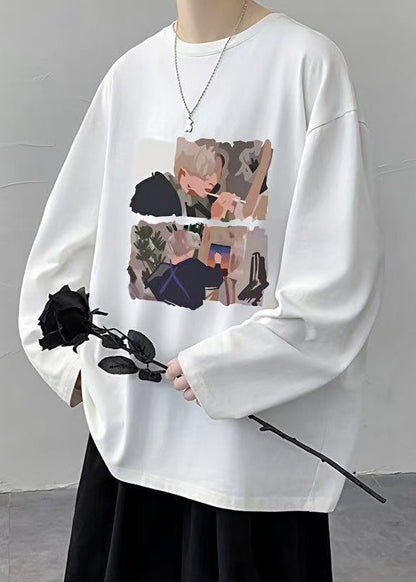 T-shirt élégant à col rond et imprimé blanc pour homme, en coton