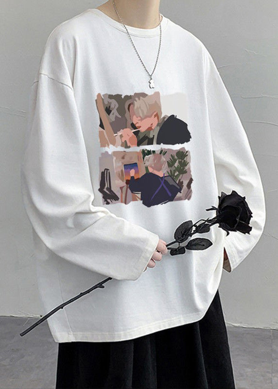 T-shirt élégant à col rond et imprimé blanc pour homme, en coton