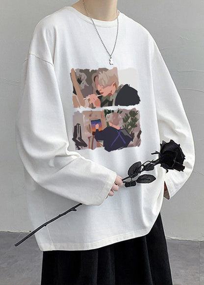 T-shirt élégant à col rond et imprimé blanc pour homme, en coton