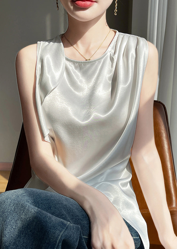 Tank White Open Silk Sleeveless Stylish Side Neck O