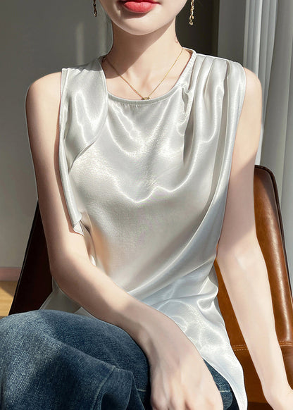 Tank White Open Silk Sleeveless Stylish Side Neck O