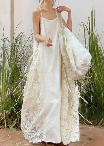 Patchwork Spitze Spaghetti Übergroßes Kleid Träger Weiß Stilvoll