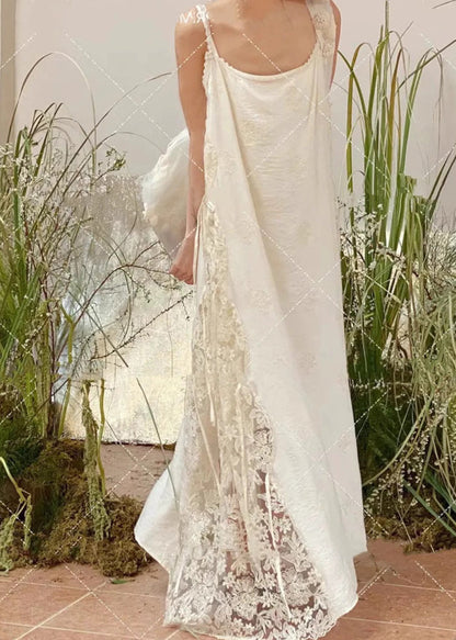 Patchwork Spitze Spaghetti Übergroßes Kleid Träger Weiß Stilvoll