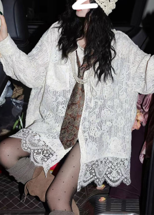 Haut blanc oversize en dentelle patchwork élégant, printemps YK026