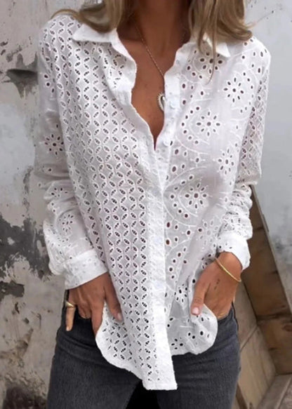 Chemise blanche élégante en coton ajouré à col Peter Pan pour l'automne QY036