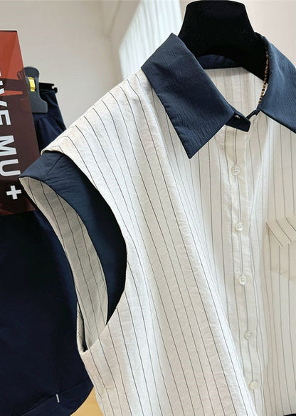 Striped Cotton Beach White Patchwork Stylish Vest Sleeveless