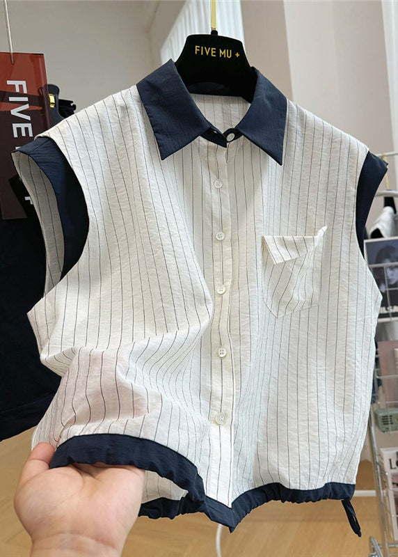 Striped Cotton Beach White Patchwork Stylish Vest Sleeveless