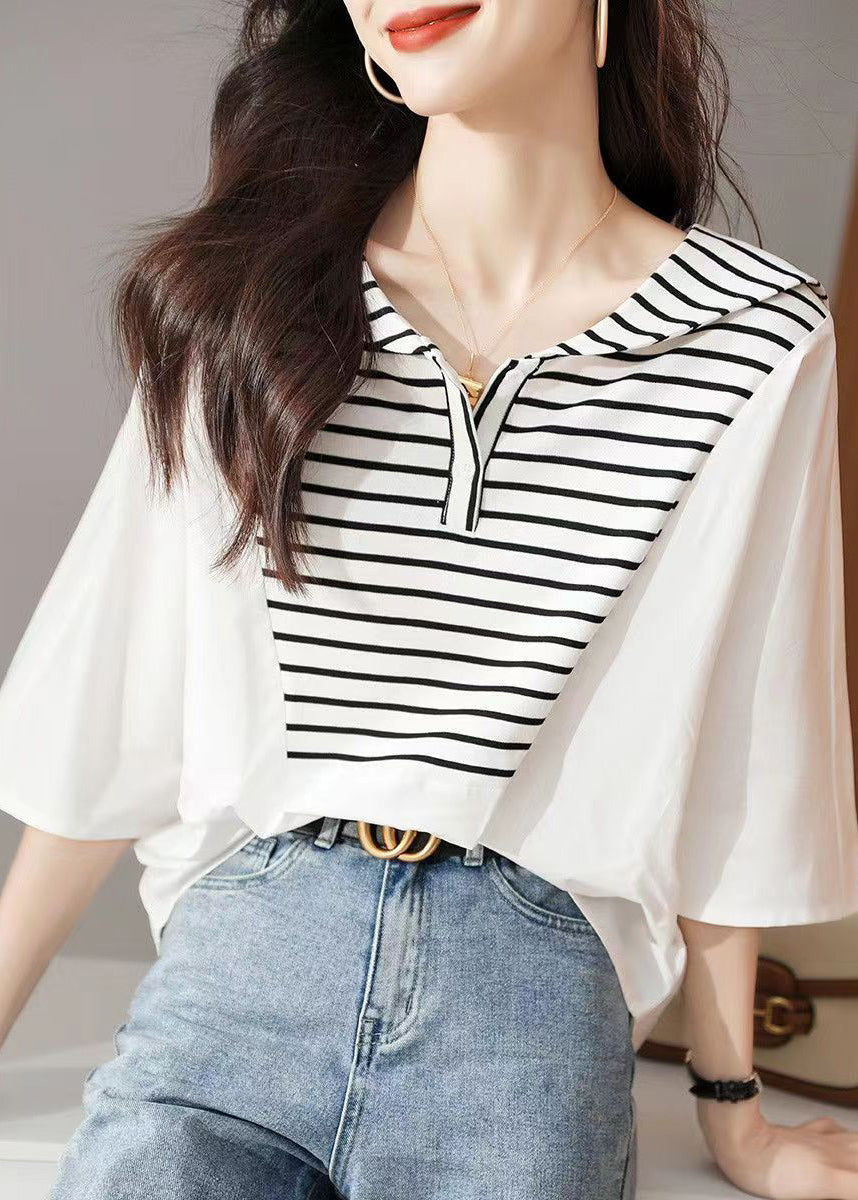 Stylish White Striped Sailor Collar Cotton Blouse Tops Summer BV014