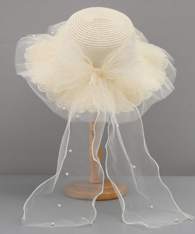 Stylish Floppy Sun Bow White Hat Straw Woven Tulle