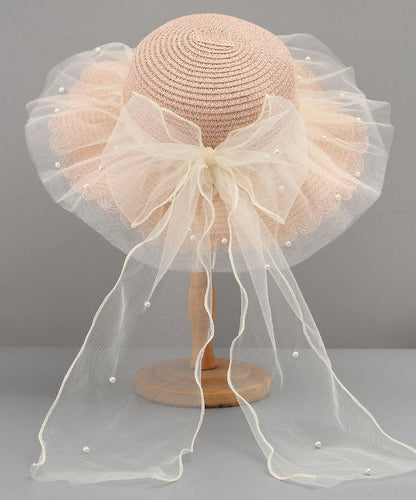 Stylish Floppy Sun Bow White Hat Straw Woven Tulle