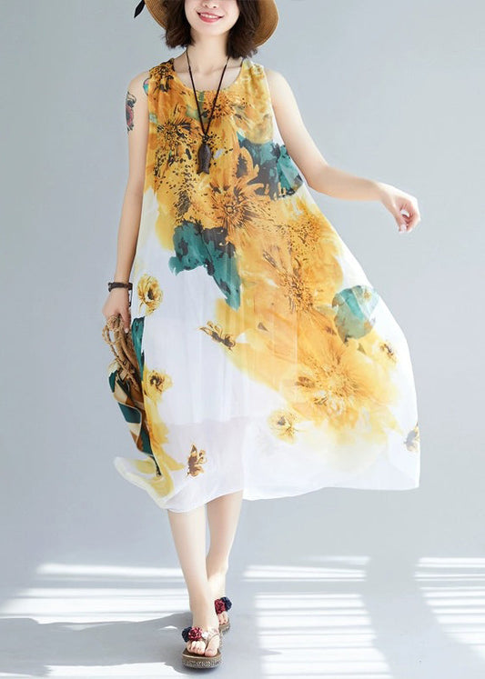 Stylish Yellow O-Neck Print Chiffon Dresses Sleeveless JH041