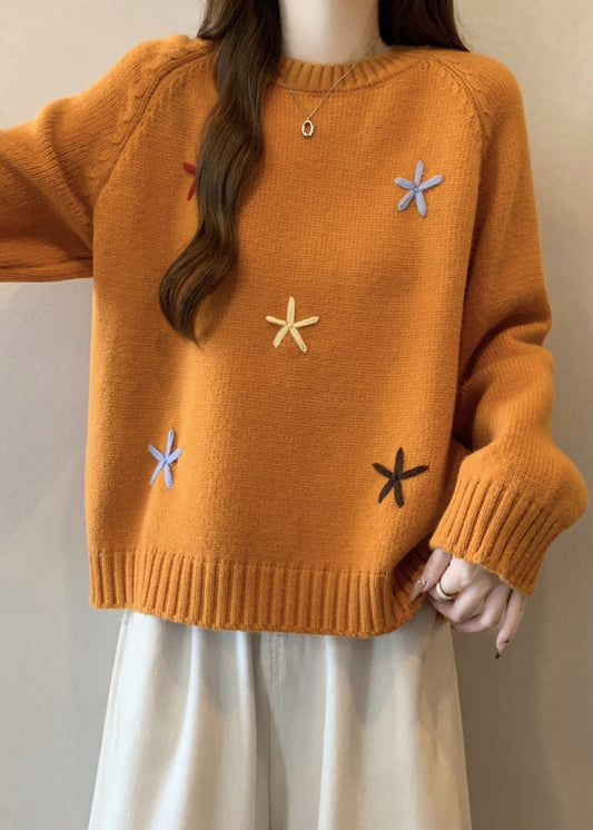 Pulls en tricot épais à col rond jaune élégants et floraux pour l'hiver RG038