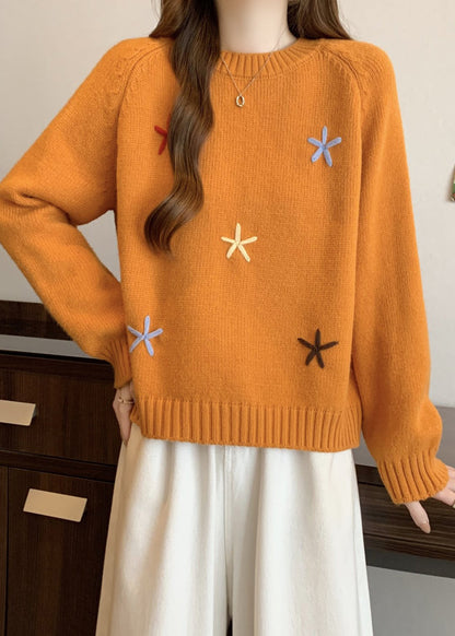 Pulls en tricot épais à col rond jaune élégants et floraux pour l'hiver RG038