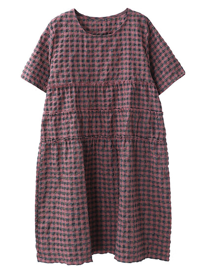 Robe mi-longue d'été à carreaux en coton et lin à col rond grande taille XX1060