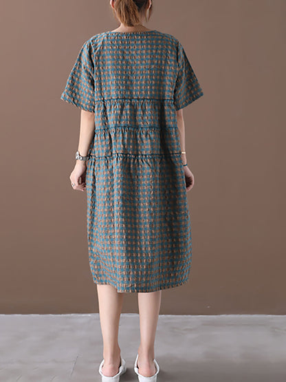 Robe mi-longue d'été à carreaux en coton et lin à col rond grande taille XX1060