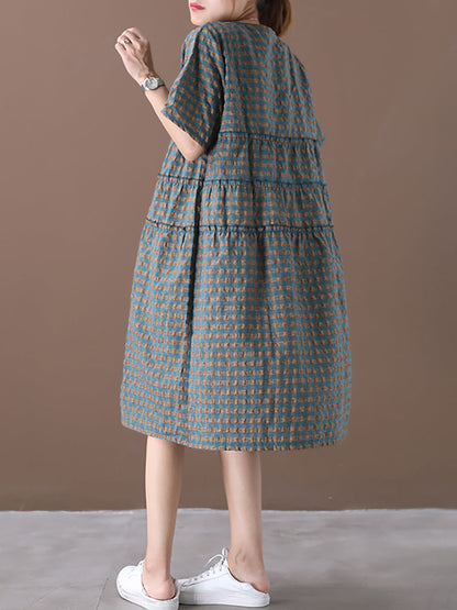 Robe mi-longue d'été à carreaux en coton et lin à col rond grande taille XX1060