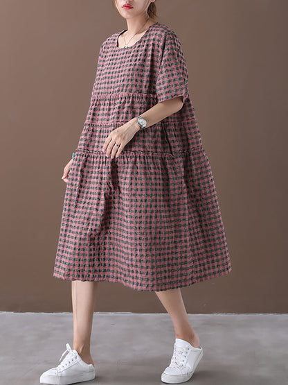 Robe mi-longue d'été à carreaux en coton et lin à col rond grande taille XX1060