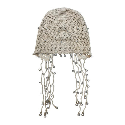 Bonnet tricoté à la main en coton avec perles et pompons OP1021