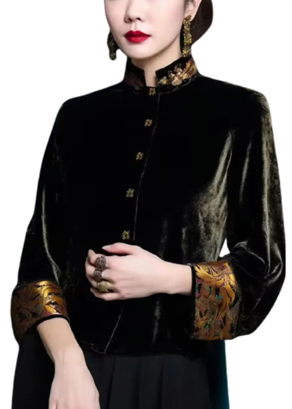 Top Quality Black Stand Collar Button Silk Velour Coats Fall Ada Fashion