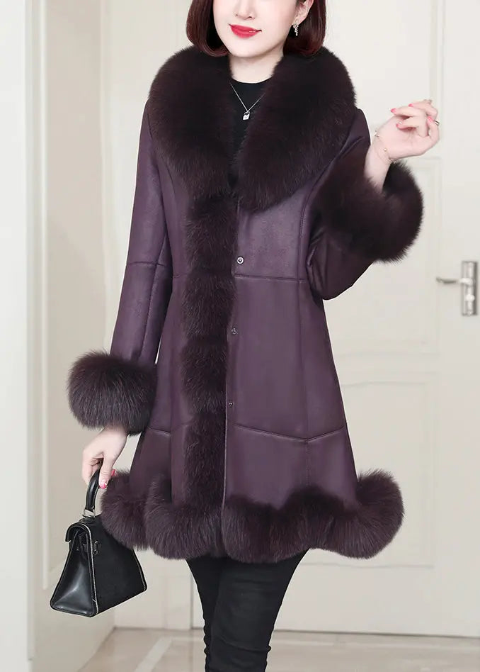 Top Quality Purple Rabbit Hair Collar Pockets Leather And Fur Coats Winter Ada Fashion