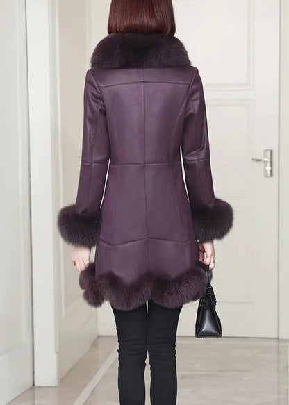 Top Quality Purple Rabbit Hair Collar Pockets Leather And Fur Coats Winter Ada Fashion