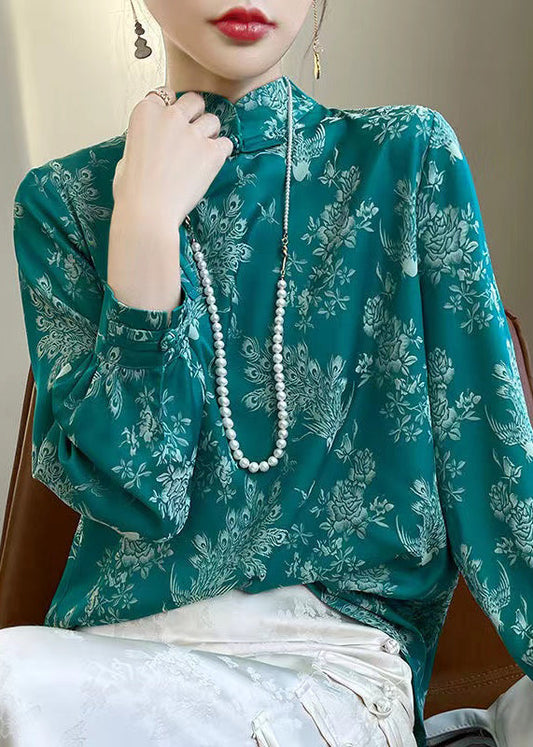 Turquoise Print Silk Shirt Stand Collar Fall AB1036