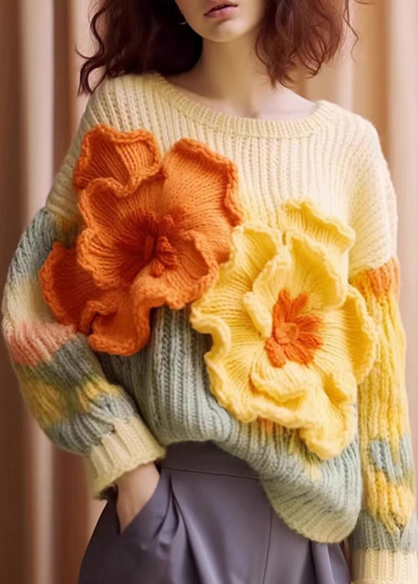 Unique Apricot Floral Cozy Cotton Knit Sweaters Long Sleeve QS029